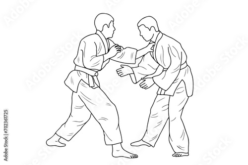 Line drawing of two young sportive judoka fighter. Judoist, judoka, athlete, duel, fight, judo © Mar
