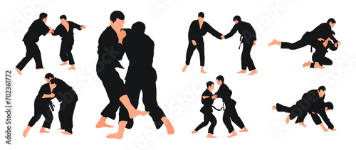 Line sketch judoist, judoka, athlete duel, fight, judo, sport figure, isolated vector