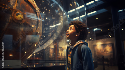 Young African American child student looks up at Spacecraft during a field trip at Museum. Concept of Learning about space and technology