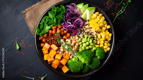 Vegan buddha bowl with sweet potato, quinoa, chickpeas, soybeans edamame, tofu, corn, cabbage, radish, broccoli and seeds, black table background, top view. Autumn or winter healthy vegetarian food