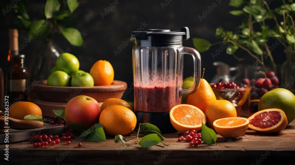 Blender on table with fruits around making a healthy fruits juice, generative ai Blender on table with fruits around making a healthy fruits juice, generative ai