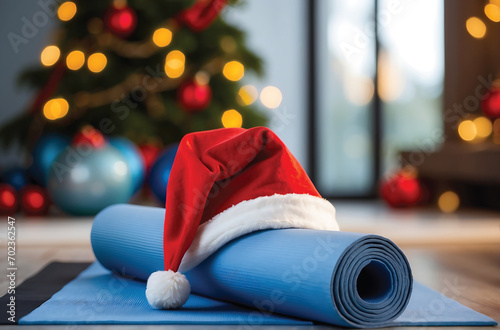 Yoga mat with santa hat on wooden floor in living room christmas background
