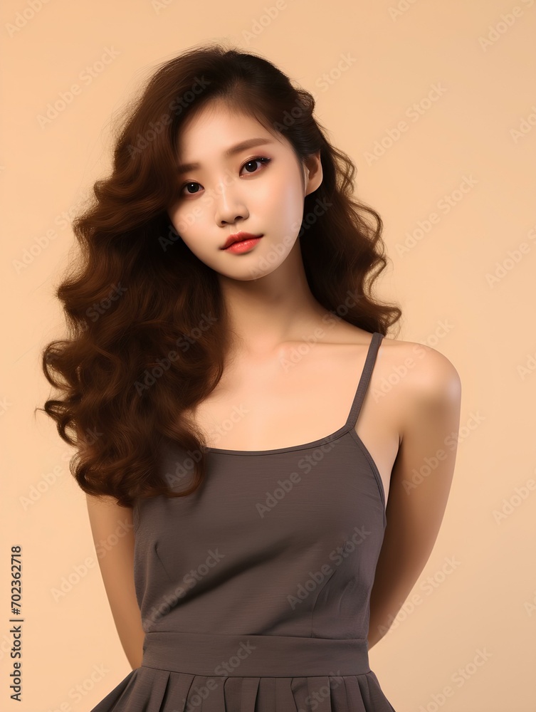 Beautiful young Asian woman wearing tank top with long curly hair, Korean style makeup and perfect skin on an isolated background, AI Generative Beautiful young Asian woman wearing tank top with long curly hair, Korean style makeup and perfect skin on an isolated background, AI Generative
