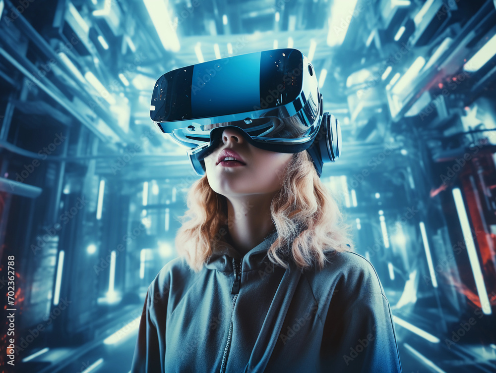 young woman in futuristic goggles interacting with virtual reality while exploring cyberspace in bright room young woman in futuristic goggles interacting with virtual reality while exploring cyberspace in bright room