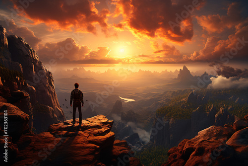 A solitary trekker perched on a spectacular precipice, admiring the striking sundown over the immense wilds.