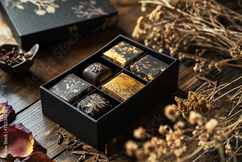 Luxury Chocolate Pralines Box on a Wooden Table in Black and Gold