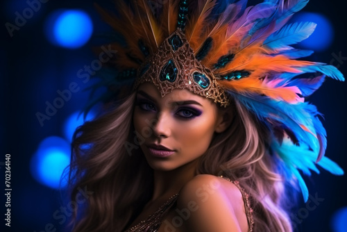 Beautiful young women in carnival, stylish masquerade costume with feathers on black wall in neon light