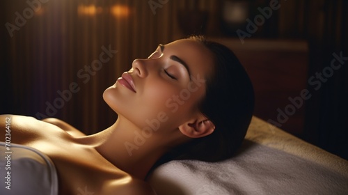 Lovely lady receiving spa treatment, lying on massage table with eyes closed, enhancing skin health and relaxation.