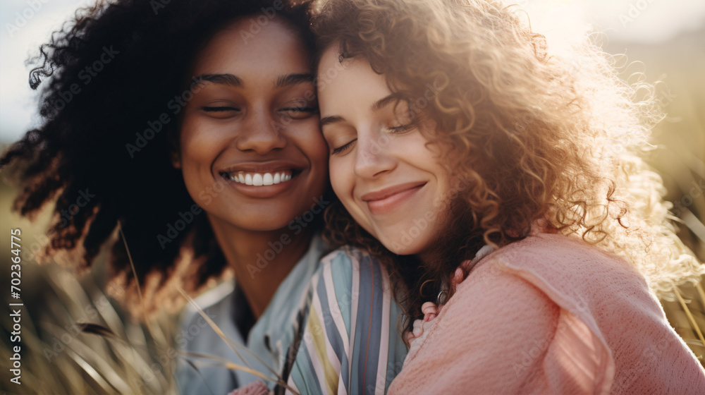 Cheerful multi-ethnic female pals joyously embracing in open air, with a close-up view of their blissful grins. Cheerful multi-ethnic female pals joyously embracing in open air, with a close-up view of their blissful grins.