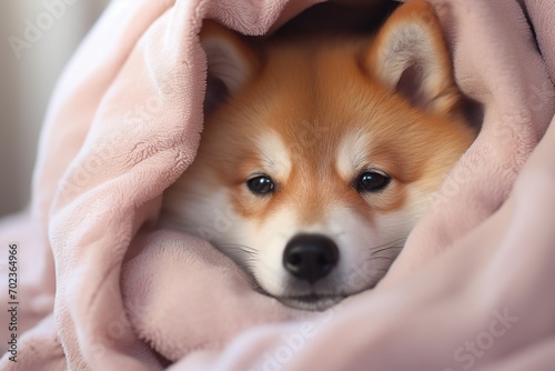 Cute Akita Inu wrapped in a light pink cozy blanket