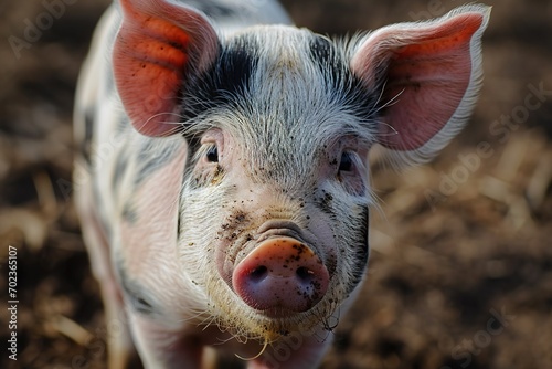 Close up portrait of a cute young colored spotted domestic pig photo