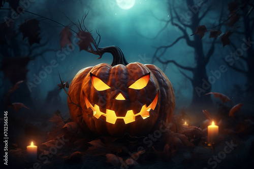 Halloween spooky background  scary jack o lantern pumpkin carved smiling face in creepy october dark night gloomy foggy forest. Happy Halloween backdrop