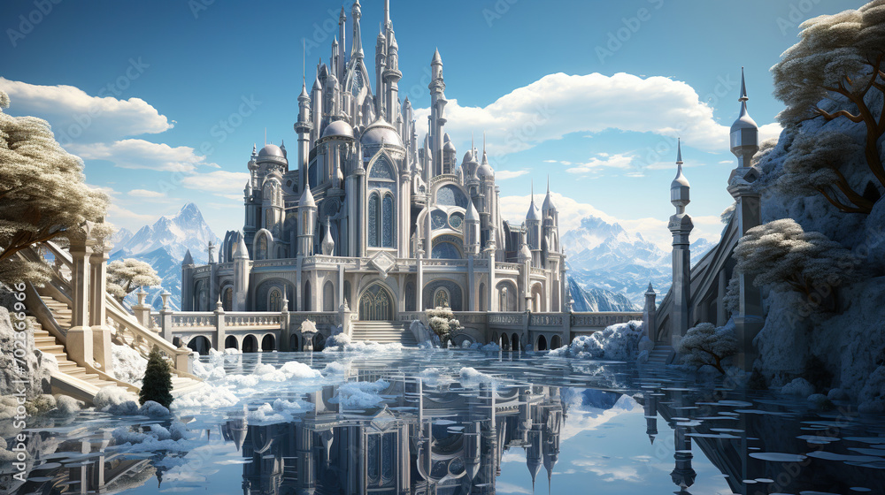 Fototapeta premium Enchanting Winter Palace in Snowy Peaks, White Castle, Conceptual Design Scene