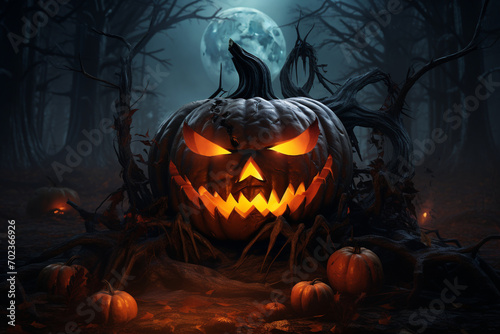 Halloween spooky background, scary jack o lantern pumpkin carved smiling face in creepy october dark night gloomy foggy forest. Happy Halloween backdrop