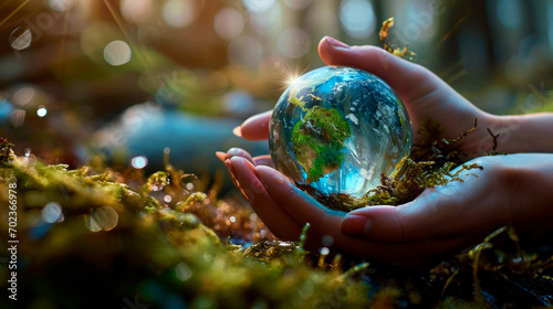 Earth Protection Day. The concept of protection: a girl holds a planet in her hands in a tropical forest.