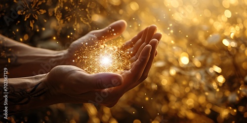 Spiritual hands with shining star between against a golden Flower of Life backdrop for a holistic healing theme. photo