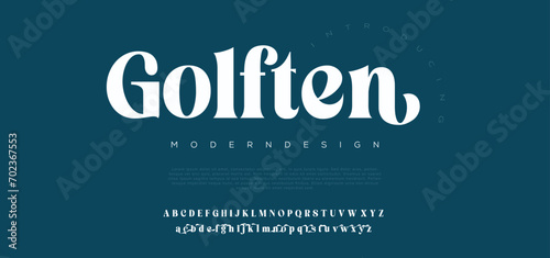 Golften modern alphabet. Dropped stunning font, type for futuristic logo, headline, creative lettering and maxi typography. Minimal style letters with yellow spot. Vector typographic design