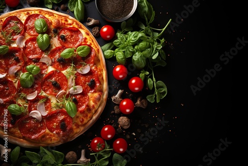 Tasty pepperoni pizza on black background,