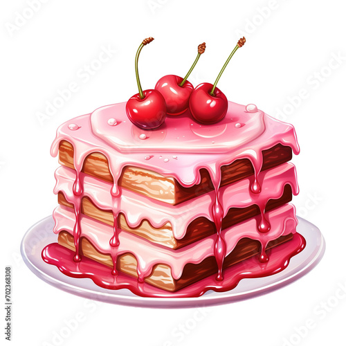 Piece of cake with pink icing and cherries on top. AI generated image