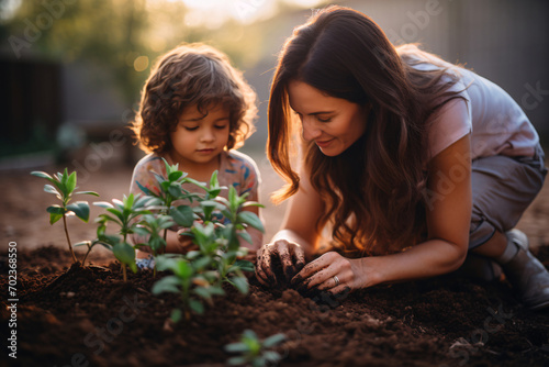 Close up of attractive mother with cheerful child planting a tree into soil on house backyard during morning light