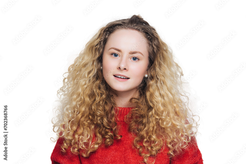 Vivacious young woman with curly blonde hair in a warm red sweater, radiating joy and comfort Vivacious young woman with curly blonde hair in a warm red sweater, radiating joy and comfort