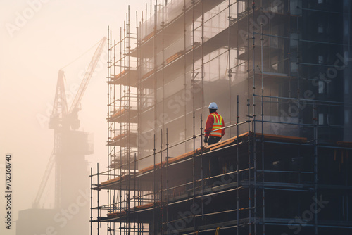 Back of a builder in a hard hat and construction vest watching sunrise on facade of a high-rise building with scaffolding surrounding the structure during a misty morning with diffused lighting