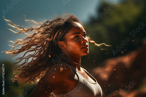 Close up of a Hispanic female tennis player in a powerful serve with dirt flying in mid air under midday sunlight isolated on a natural background photo