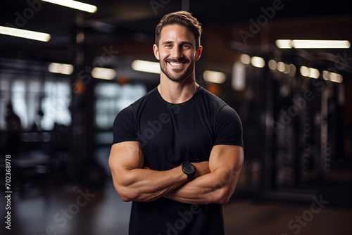 coach young man smiling in gym, in black clothes, blurred background