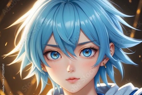 Portrait of an anime character hyper realistic blue hair