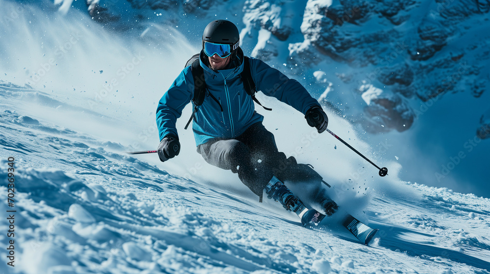 Hombre esquiando sobre la nieve en un paisaje de montañas nevadas Hombre esquiando sobre la nieve en un paisaje de montañas nevadas