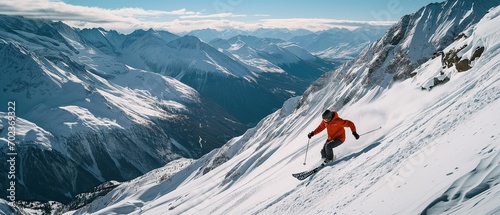 Esquiador sobre la nieve en un paisaje de montañas nevadas photo