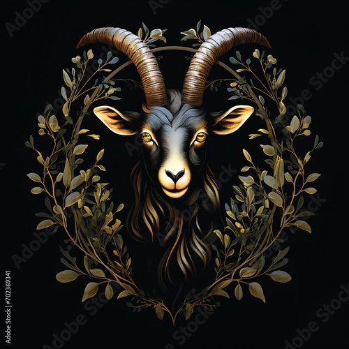 Graphic illustration of a goat s head and a laurel wreath. Created ai generated