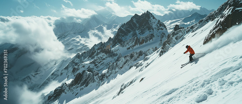 Joven esquiando sobre la nieve en un paisaje de montañas nevadas photo