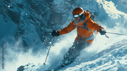 Hombre esquiando sobre la nieve en un paisaje de montañas nevadas photo