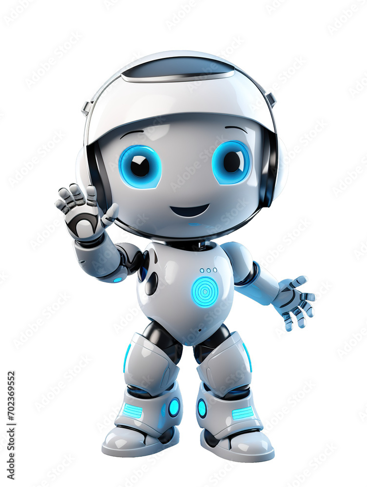 Cute little robot waving hello with its hand. Isolated on a transparent background. 