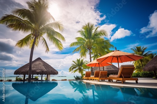 Breathtaking scenery  azure pool  idyllic atmosphere with sunbeds and parasols nestled among tropical palm fronds in a lavish Maldivian resort perfect for a luxurious getaway.