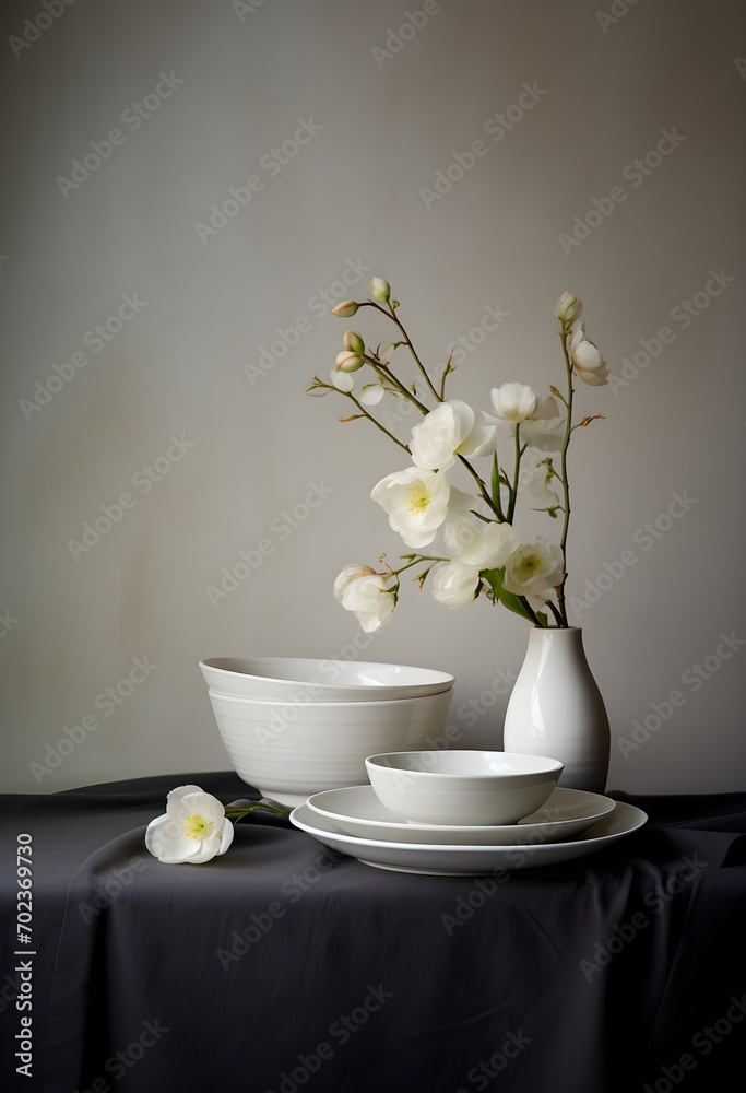 white dishes and glasses, on a white linen tablecloth, play of light, sun rays from the window, minimalism, Nordic style, still life in pastel colors white dishes and glasses, on a white linen tablecloth, play of light, sun rays from the window, minimalism, Nordic style, still life in pastel colors