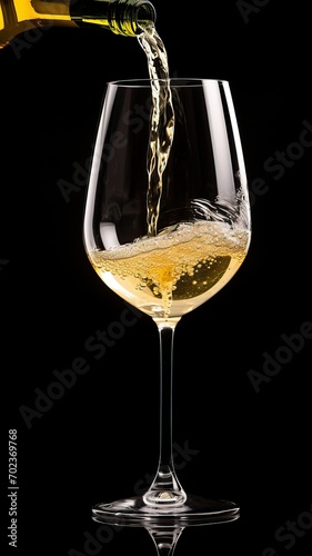 Elegant Pouring of White Wine into a Crystal Glass Against a Black Background