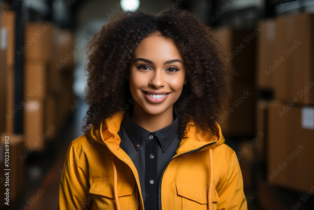 Portrait of smiling african american businesswoman standing in warehouse. ai generated