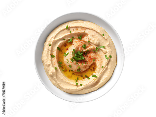 Hummus on white plate as Top view, isolated on a transparent or white background