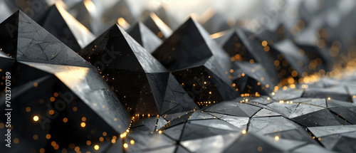Textured geometric pyramids in dark tones with striking gold accents.