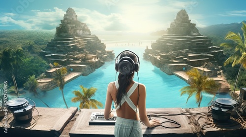 woman sitting on the beachTropical Beats: DJ Overlooking a Fantasy Island Paradise photo