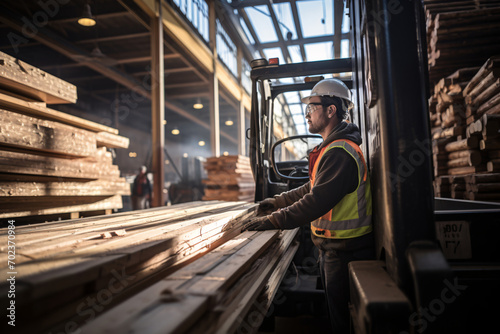 A worker securing a load of lumber from a flatbed truck in the warehouse interior in the background during morning with soft natural lighting