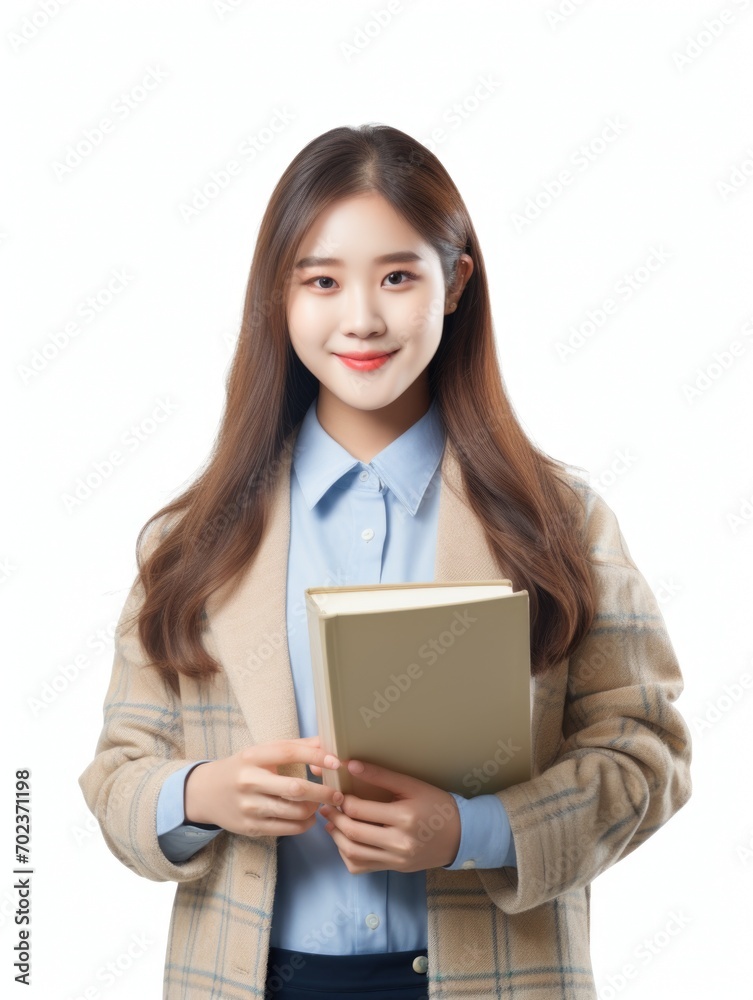 Asian teenage girl standing carrying a book looking at the camera, isolated white background Asian teenage girl standing carrying a book looking at the camera, isolated white background
