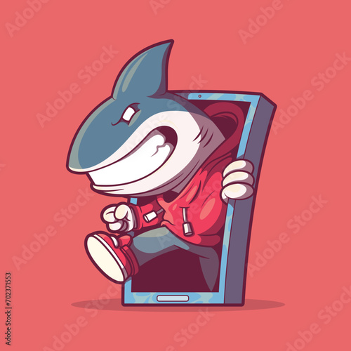 Shark attack on a smartphone vector illustration. Piracy, protection, technology design concept.