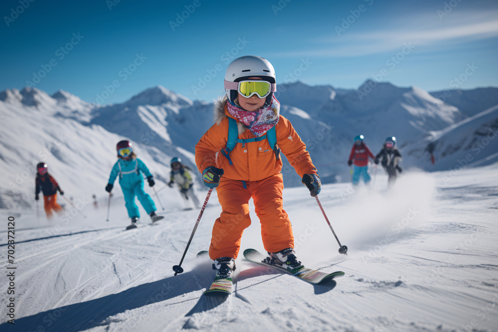 A young kid on sky uniform skiing on snow against the scenic mountain landscape during the midday sun