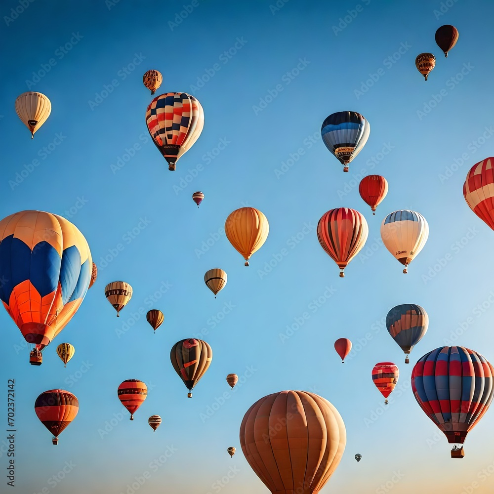 Obraz premium Against the backdrop of a pristine blue sky, a fleet of -air balloons floats serenely, the perfect lighting accentuating the colors and patterns of each balloon. 