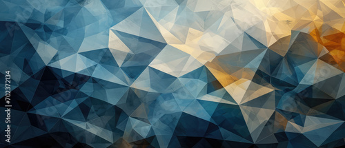 A low-poly digital landscape shimmering with blue tones and golden highlights.
