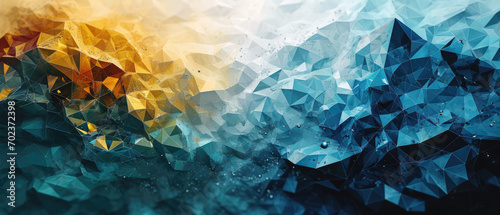 A low-poly digital landscape shimmering with blue tones and golden highlights. photo