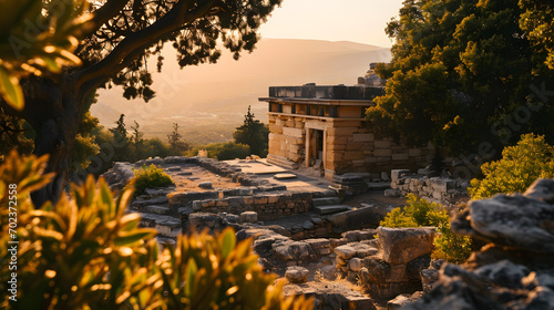 A photo of the ruins of Knossos in Crete, with Mediterranean landscape as the background, during a warm evening